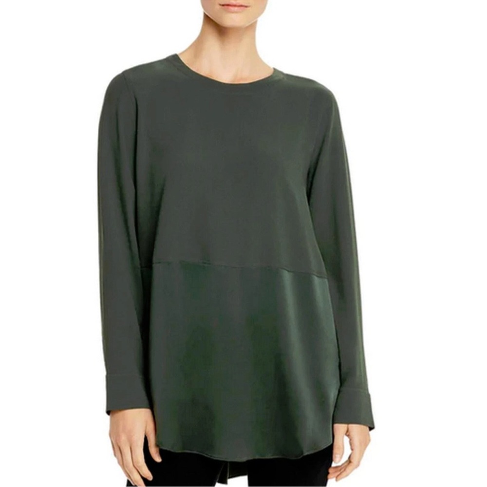 Eileen Fisher Deep Hemlock Black Mixed Silk Crepe Tunic Long Sleeve Blouse - Picture 2 of 13